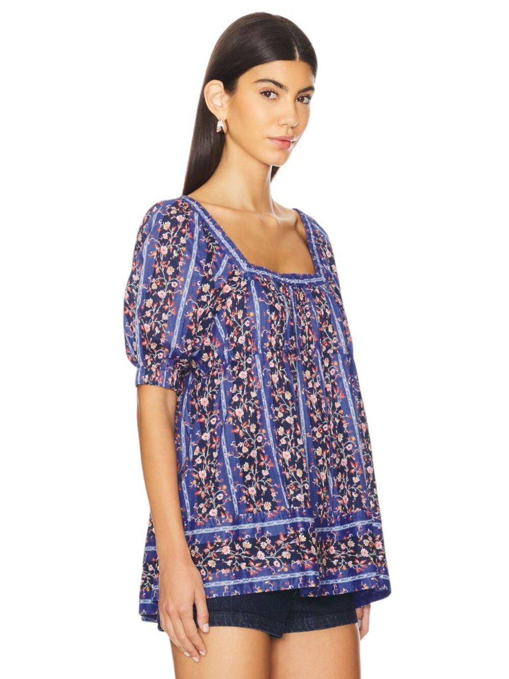 Free People Vintage Lover Floral Babydoll Blouse Dutch Blue Size Small - Picture 2 of 12